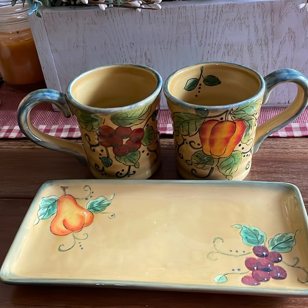 Golden Harvest Mugs (2) and Small Ceramic Tray